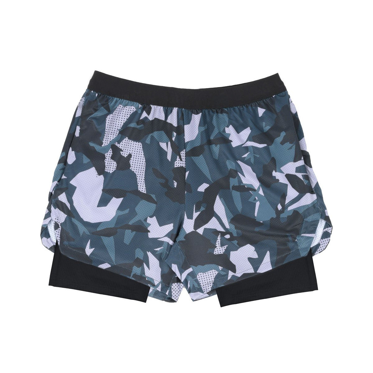 Men's black and gray camouflage athletic running shorts with black inner lining on white background