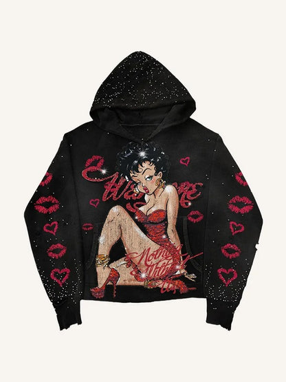 Black hoodie with glitter accents featuring a large graphic of Betty Boop in red dress, surrounded by red lips and hearts
