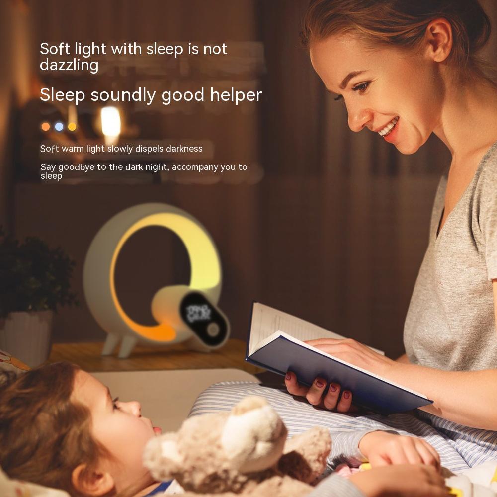 Mother reading bedtime story to child in cozy bedroom with warm soft light night lamp