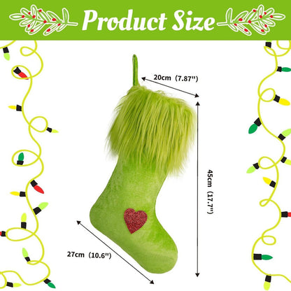 Green Christmas stocking with fluffy cuff and red heart, measuring 45cm height, 27cm length