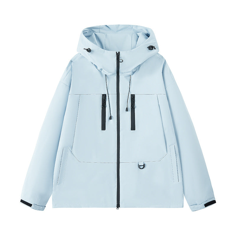 Light blue hooded jacket with front zipper, black zipper pockets, and adjustable sleeve cuffs