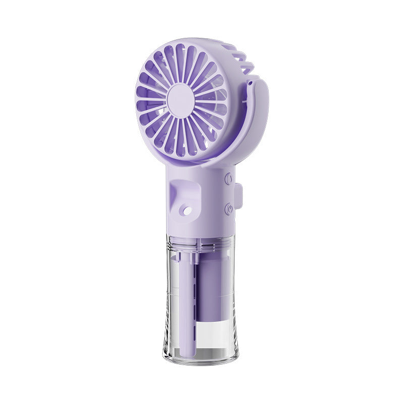 Compact handheld purple misting fan with transparent water tank and safety grill