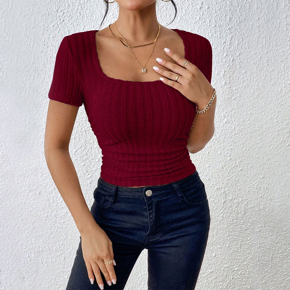 Mature Elegant T-Shirt - Burgundy Short Sleeve Slim Fit Pullover Top
