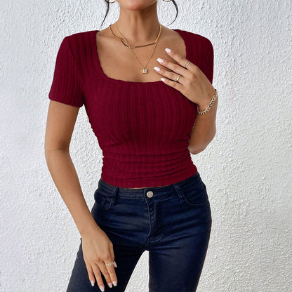 Mature Elegant T-Shirt - Burgundy Short Sleeve Slim Fit Pullover Top
