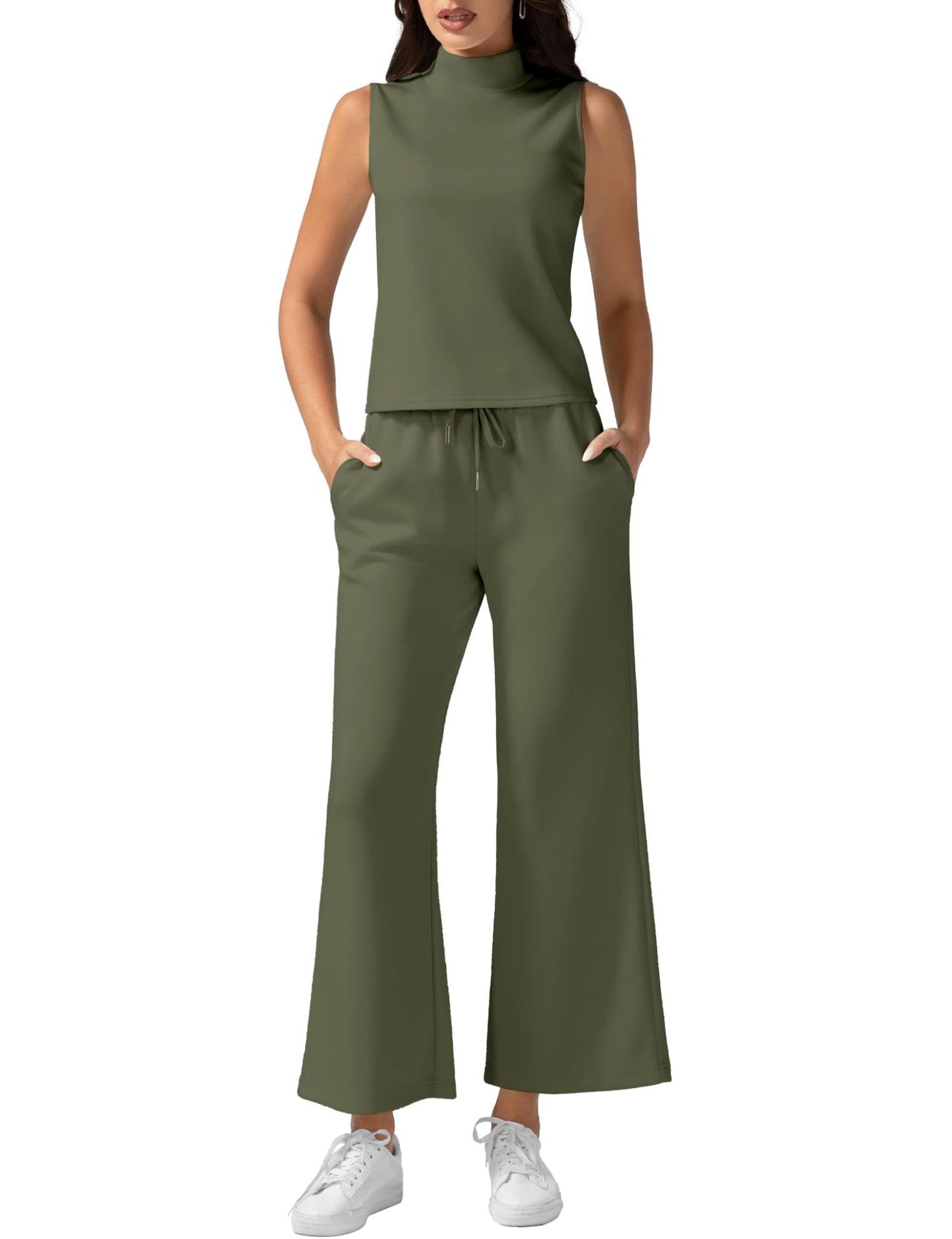 Women's Vest Pants Set - Wide Leg Cropped Pants & Sleeveless Vest Top