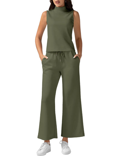 Women's Vest Pants Set - Wide Leg Cropped Pants & Sleeveless Vest Top