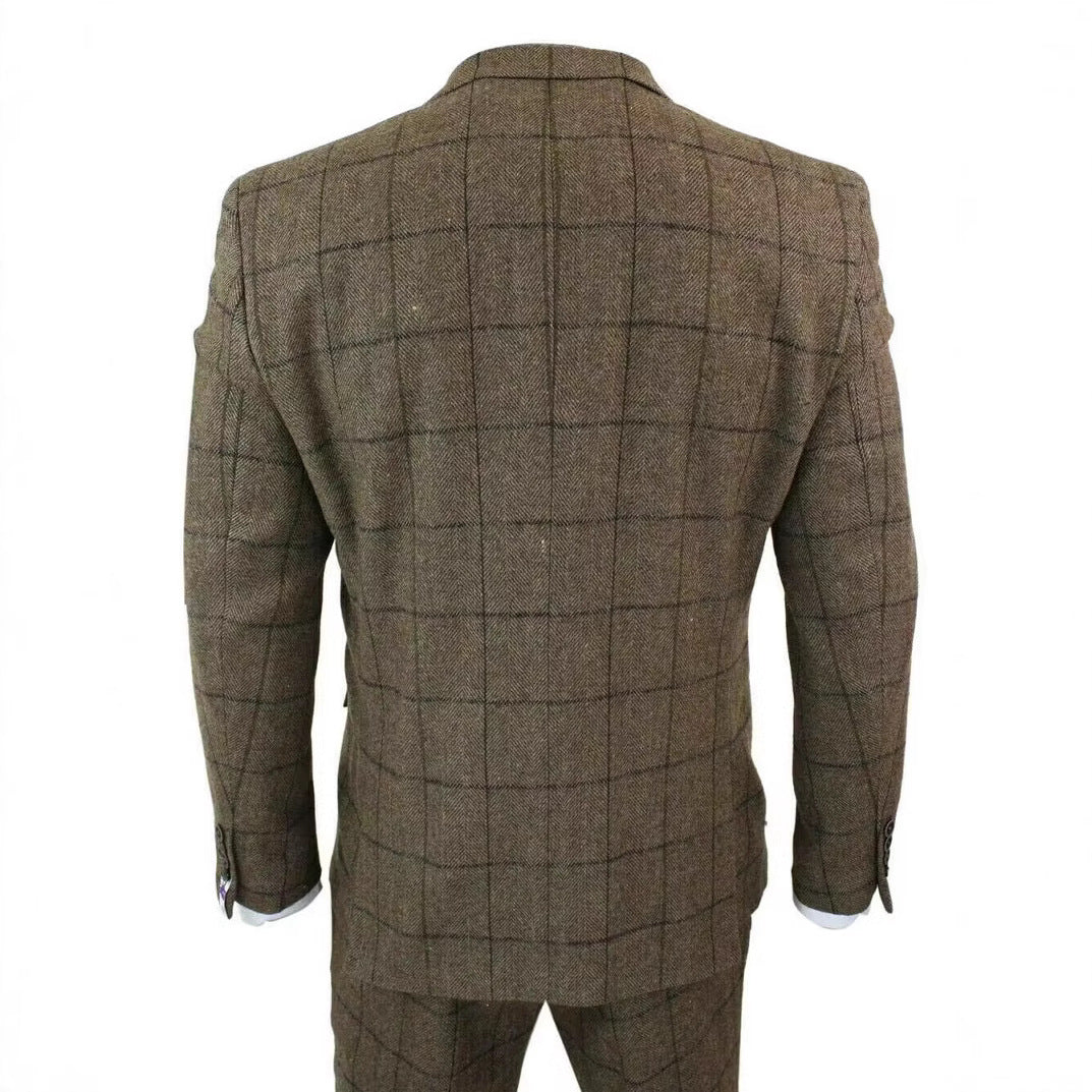 Back view of brown checkered men's suit jacket with subtle herringbone pattern on white background