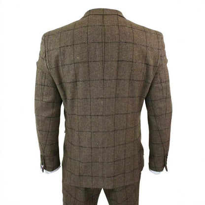 Back view of brown checkered men's suit jacket with subtle herringbone pattern on white background