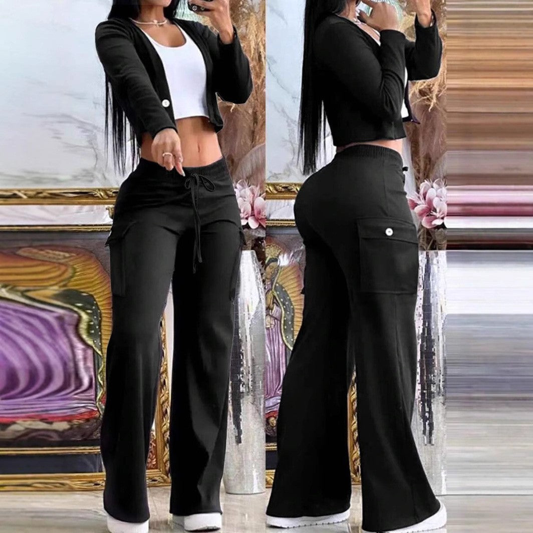 Wide-Leg Pants Set - Camouflage Outfit With Drawstring Pants And Long Sleeve Top