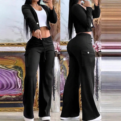 Wide-Leg Pants Set - Camouflage Outfit With Drawstring Pants And Long Sleeve Top