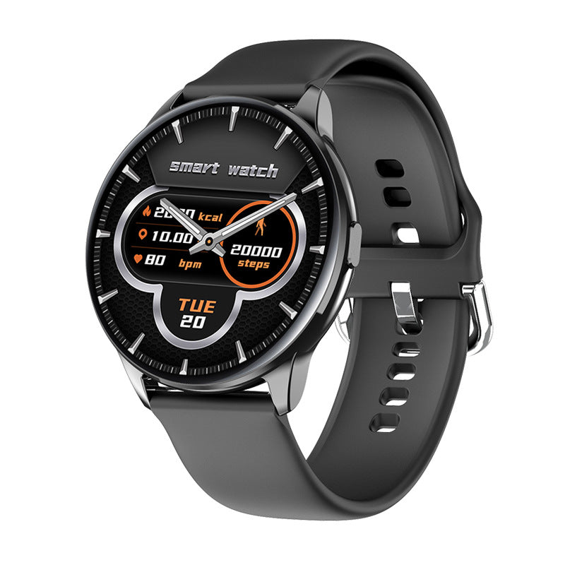Black smartwatch with gray silicone band displaying steps, calories, heart rate, and date on round digital dial