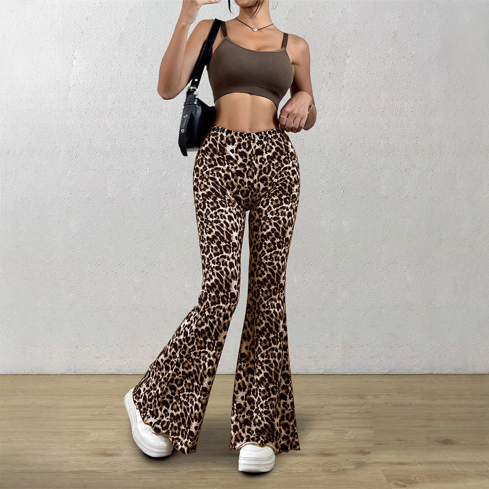 Leopard Print Flared Pants | Knitted Stretch High Waist Bell Bottoms