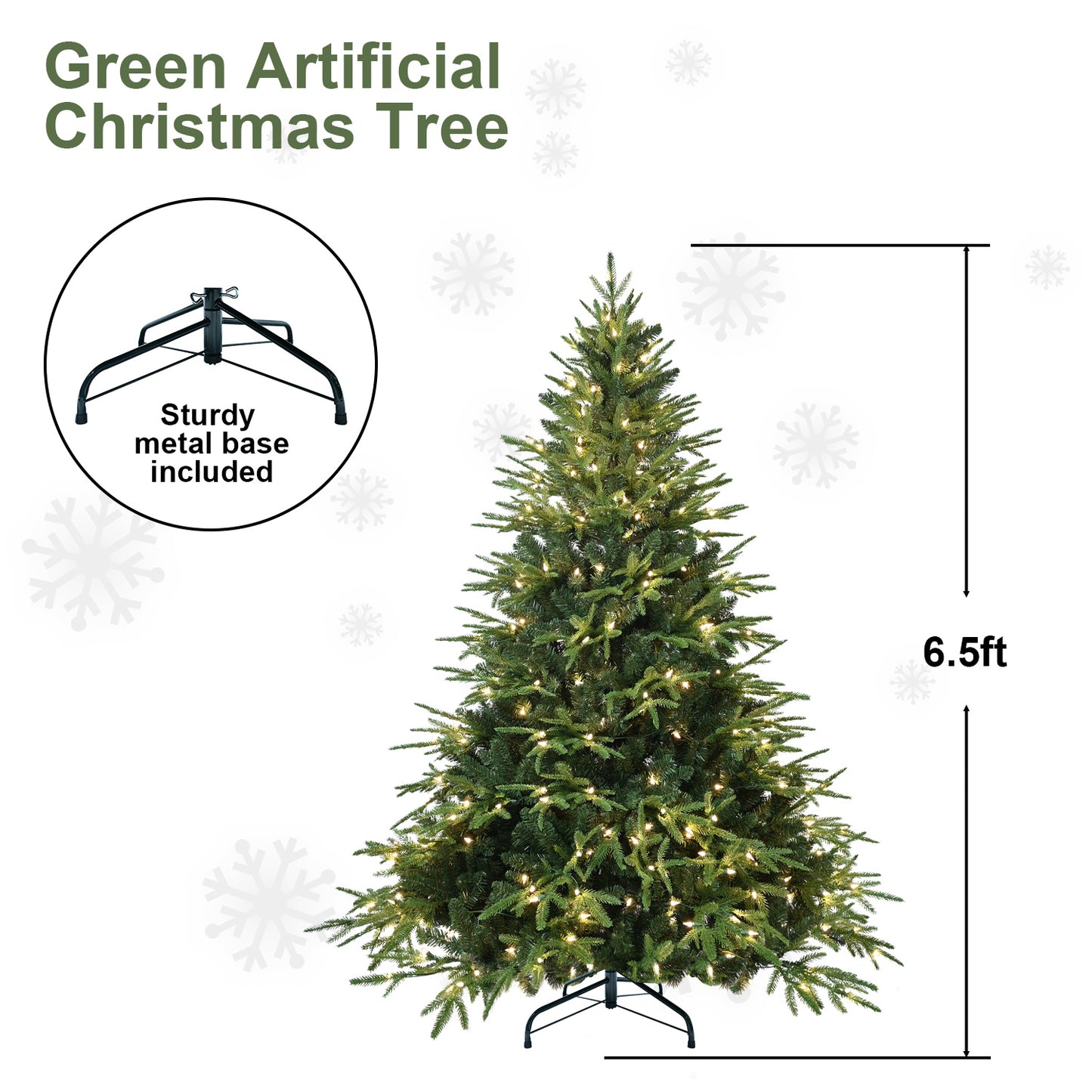 6.5ft green artificial Christmas tree with warm white lights and sturdy metal base