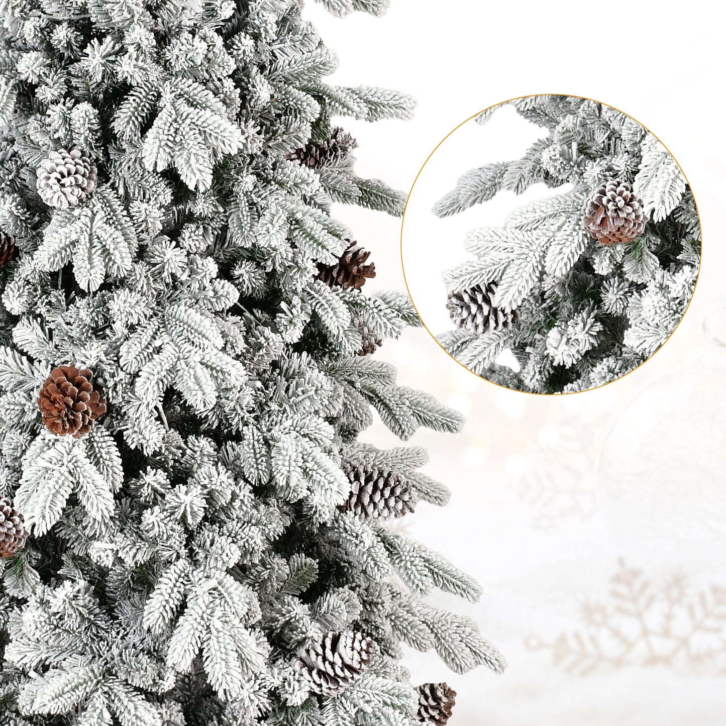 Flocked artificial Christmas tree with pine cones and frosted branches, winter holiday decor