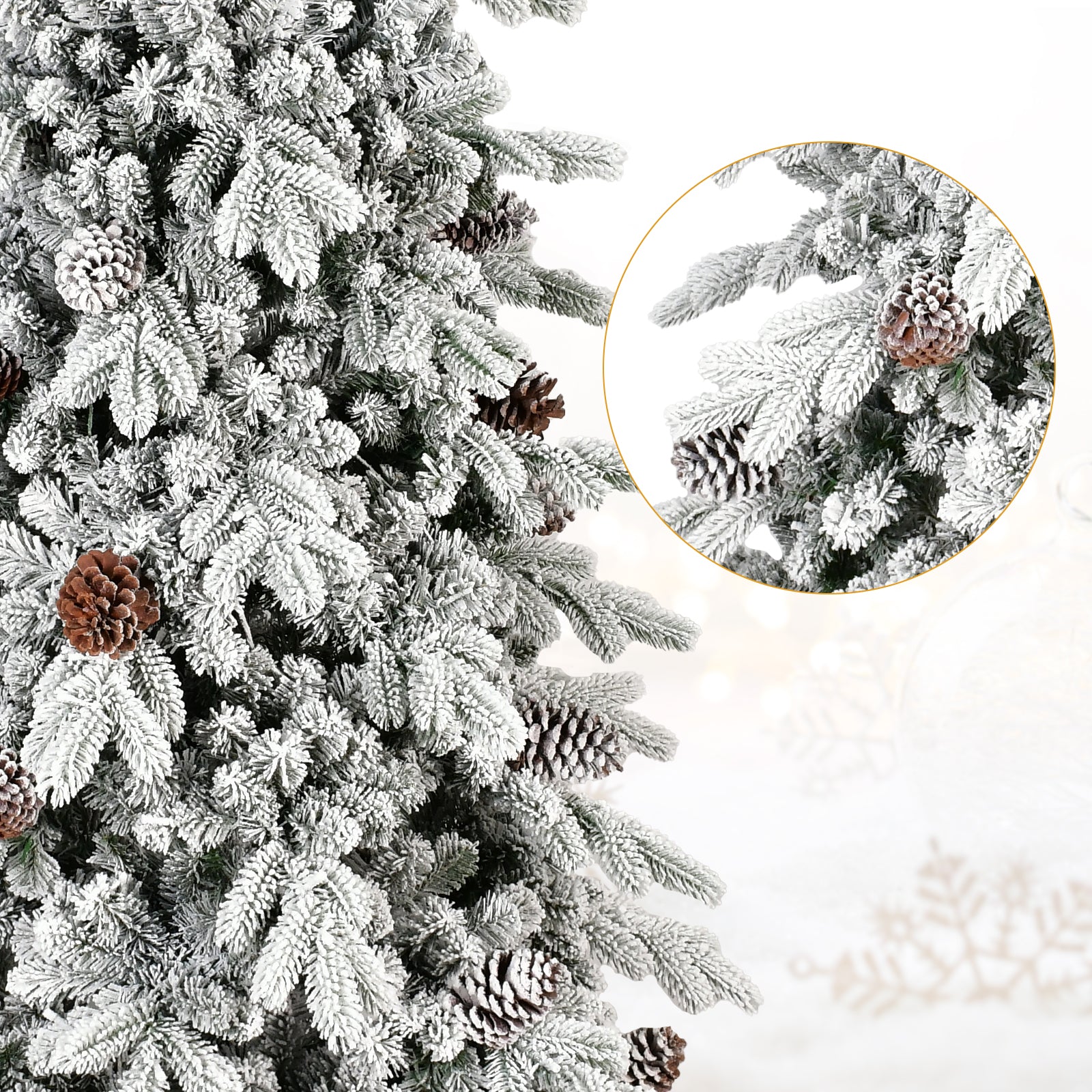 Flocked artificial Christmas tree with pine cones and frosted branches, winter holiday decor