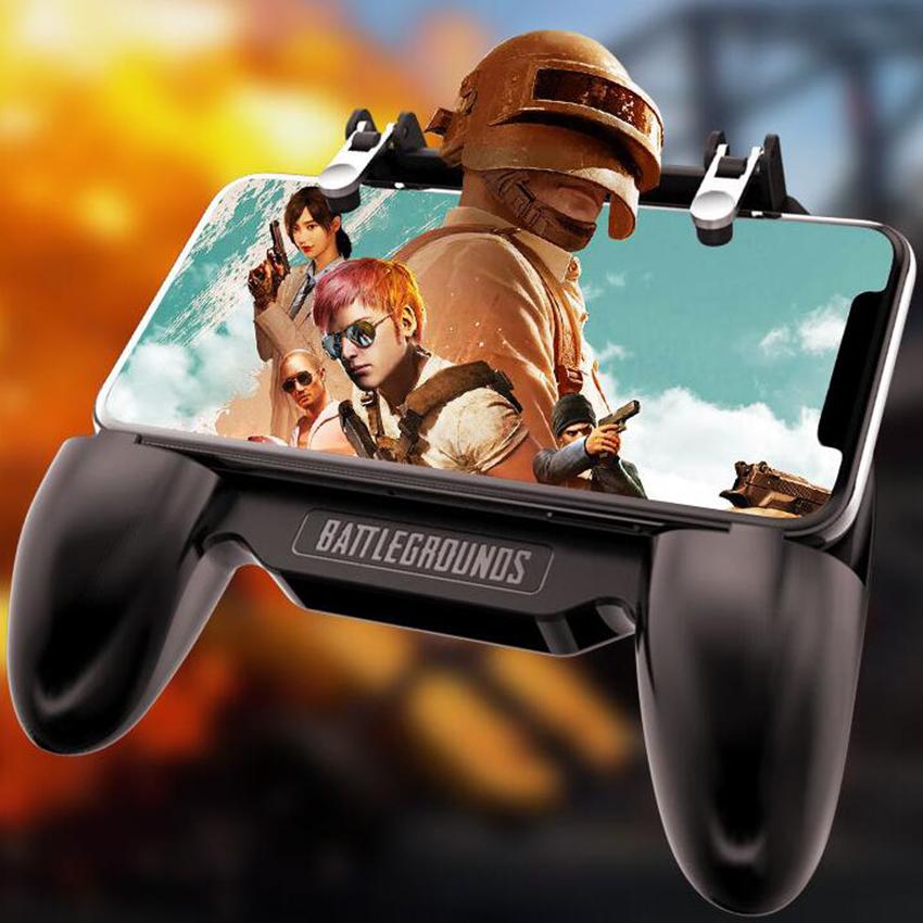 Mobile gaming controller holding phone with battlegrounds game characters and explosion background