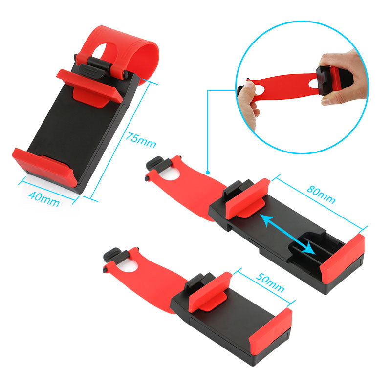 Adjustable black and red plastic phone holder with dimensions 75x40mm and extendable length from 50mm to 80mm