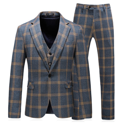 Business Wedding Suit - Men's Yellow Check Three Piece Formal Dress Set