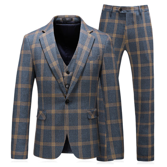 Business Wedding Suit - Men's Yellow Check Three Piece Formal Dress Set