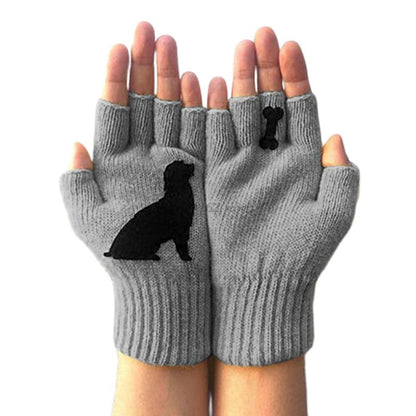 Pair of gray fingerless knit gloves featuring black dog silhouette and bone designs on the back