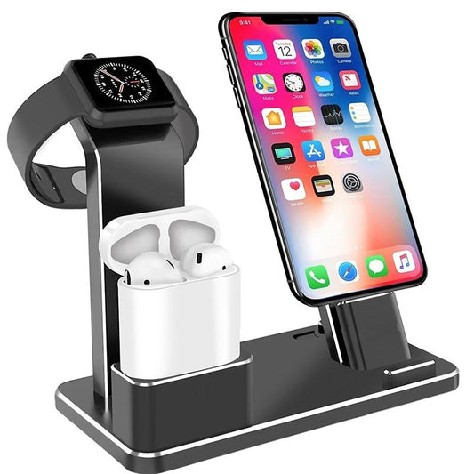 Black multi-device charging station holding smartwatch, wireless earbuds, and smartphone