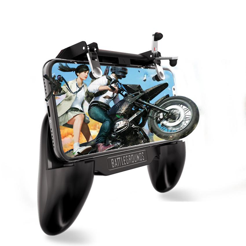 Mobile gaming controller with phone displaying Battlegrounds game scene featuring characters and motorcycle