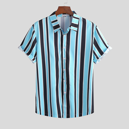 Men Stripe Shirts - Blue Polyester Casual Daily Wear, Relaxed Fit