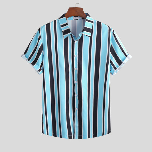 Men Stripe Shirts - Blue Polyester Casual Daily Wear, Relaxed Fit