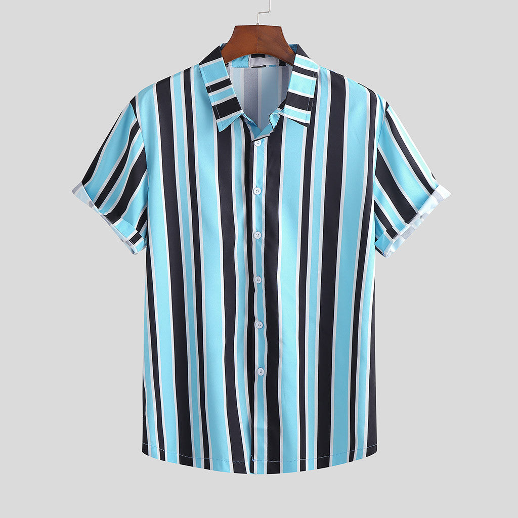 Men Stripe Shirts - Blue Polyester Casual Daily Wear, Relaxed Fit