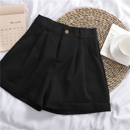 Wide-Leg Casual Shorts - High Waist Roll-Up Cotton Shorts for Women