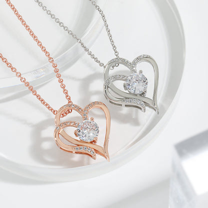 Heart-Shaped Necklace Double Love Rhinestone Jewelry | Personalized Copper Chain