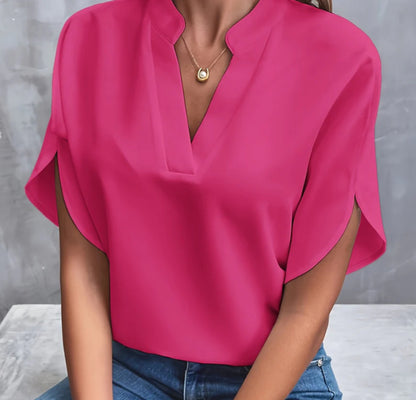 Chiffon Summer Shirt - Women's Casual V-Neck Short Sleeve Blouse, Lightweight Polyester