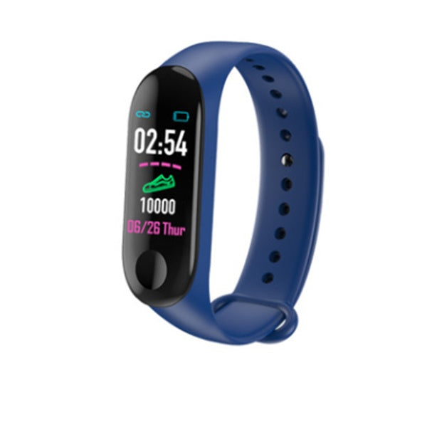 Blue fitness tracker wristband with digital display showing time, step count, and date