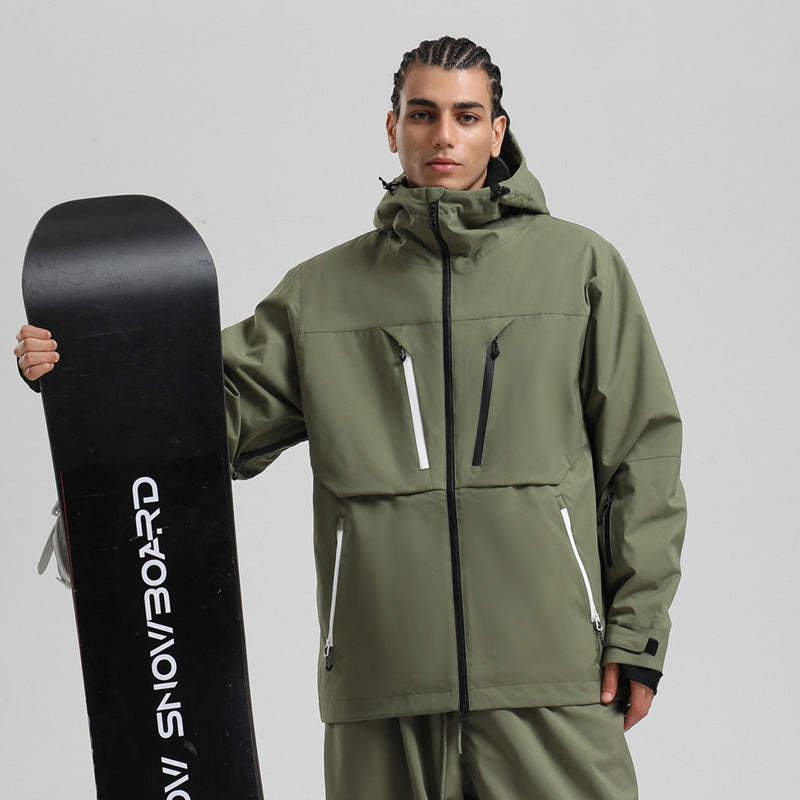man in olive green snowboarding jacket and pants holding a black snowboard with white text on plain background