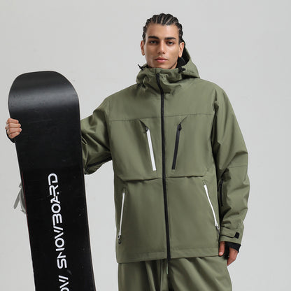 man in olive green snowboarding jacket and pants holding a black snowboard with white text on plain background