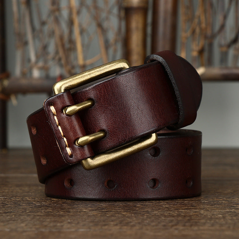 Vintage Leather Belt – Handmade Cowhide Brass Buckle Classic Men's Accessory