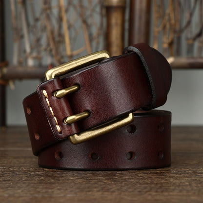 Vintage Leather Belt – Handmade Cowhide Brass Buckle Classic Men's Accessory