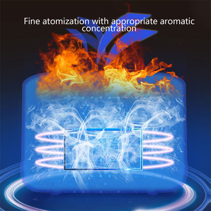 Graphic of fine atomization with fiery flames and aromatic concentration illustration in blue and orange colors