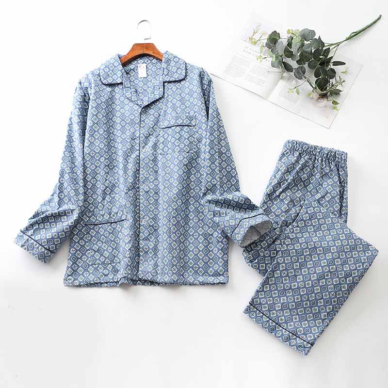 Long Sleeve Pajama Set - Men's Cotton Sleepwear With Lapel Collar & Blue Pattern