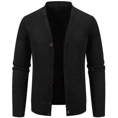 Black long-sleeve men's cardigan sweater with button closure and ribbed cuffs and hem