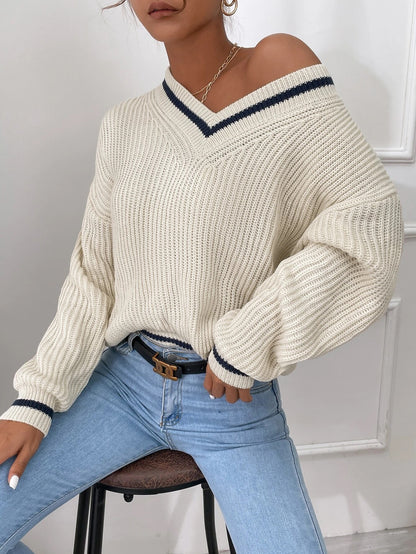 Cable Knit Sweater Women’s Winter V Neck Striped Pullover Top – Cozy Casual Jumper