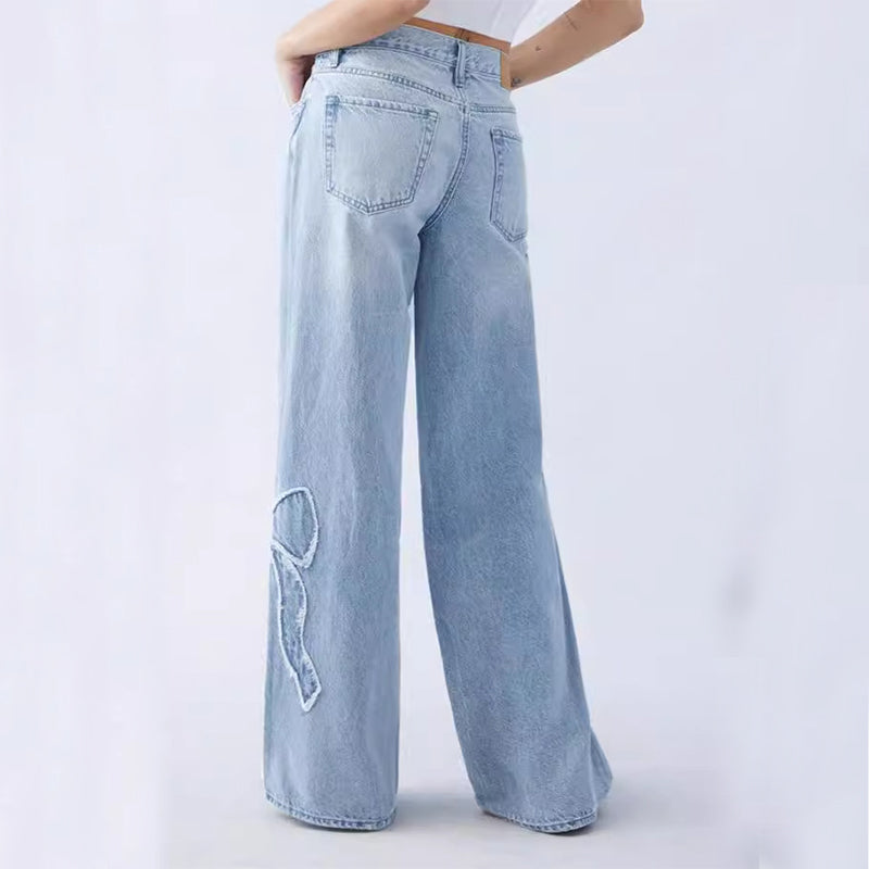 Women's Straight Trousers - Light Blue Denim Embroidered Butterfly Design