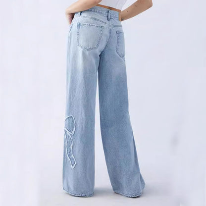 Women's Straight Trousers - Light Blue Denim Embroidered Butterfly Design