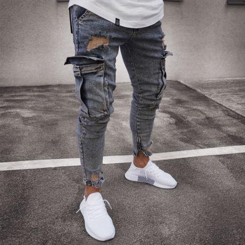 Cargo Hole Denim Jeans | Men's Skinny Cotton Tapered Pants Light Blue