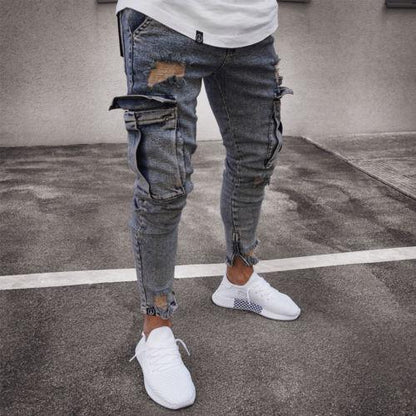 Cargo Hole Denim Jeans | Men's Skinny Cotton Tapered Pants Light Blue
