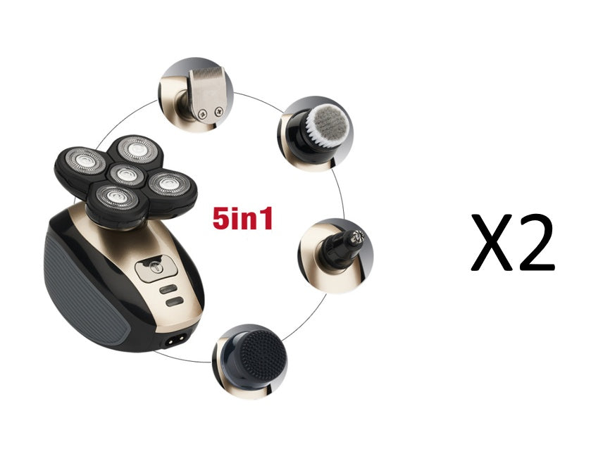 5-in-1 electric rotary shaver with four circular blades and multiple grooming attachments