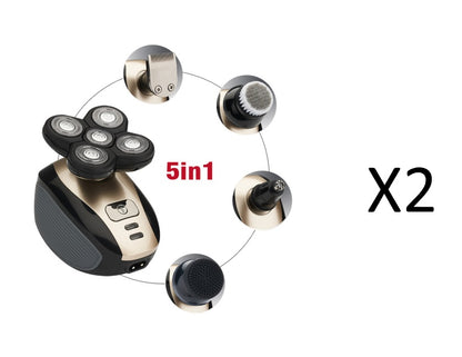 5-in-1 electric rotary shaver with four circular blades and multiple grooming attachments