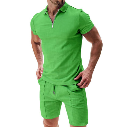 Casual Waffle Suit - Summer T-Shirt Set With Zipper Lapel Collar And Drawstring Shorts
