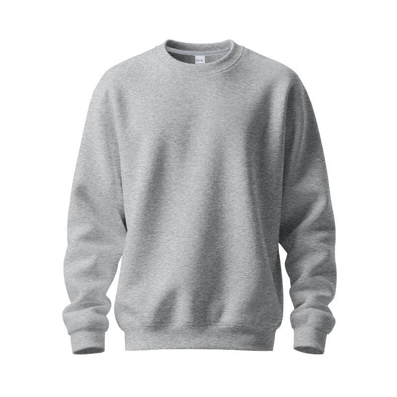 Plain light gray crewneck sweatshirt with long sleeves and ribbed cuffs on white background