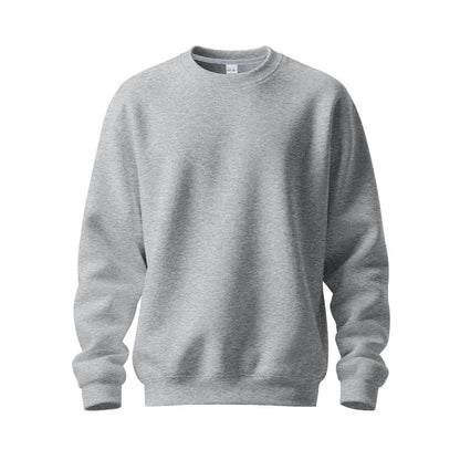 Plain light gray crewneck sweatshirt with long sleeves and ribbed cuffs on white background